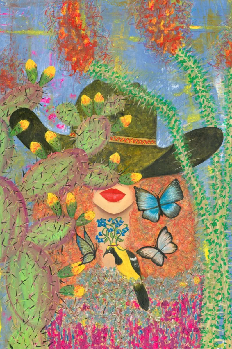 Colorful painting of a woman in a cowboy hat surrounded by prickly pear cactus and butterflies